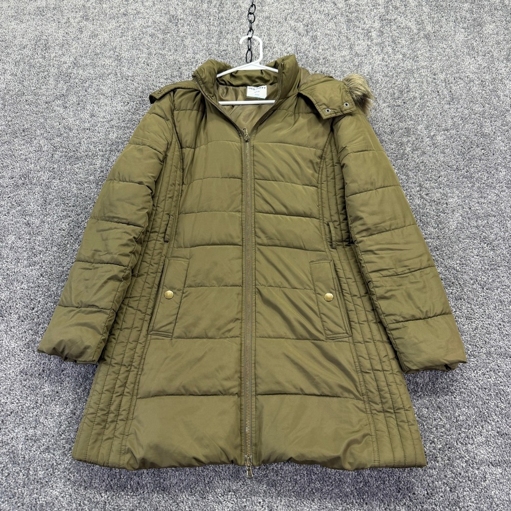 Old Navy Puffer Parka Womens S Brown Green Faux Fur Trim Hooded Jacket